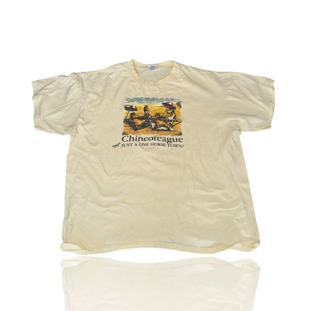 Vintage Chincoteague T-Shirt Beige Horses Graphic Unisex 2XL Short Sleeve